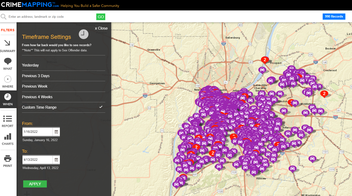 Louisville Crime Map Tool- Car Thefts